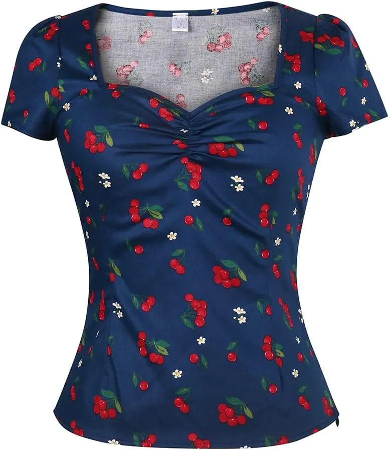 YARN & INK Women's Rockabilly Tops, 1950s Pinup Vintage Blouse Square Neck Slim Fit Shirt Classic Elegant for Women Girls