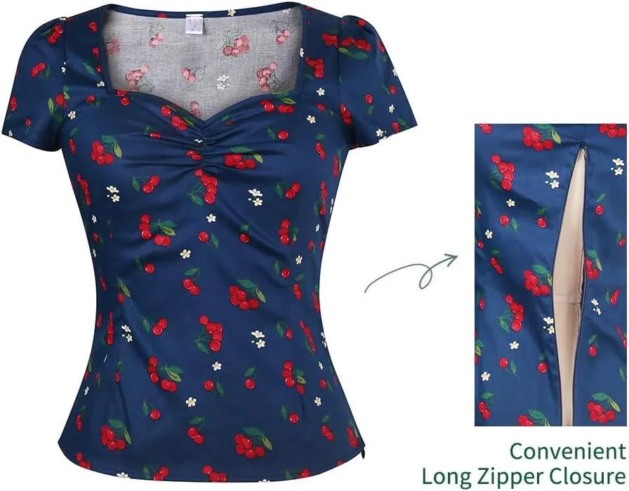 YARN & INK Women's Rockabilly Tops, 1950s Pinup Vintage Blouse Square Neck Slim Fit Shirt Classic Elegant for Women Girls
