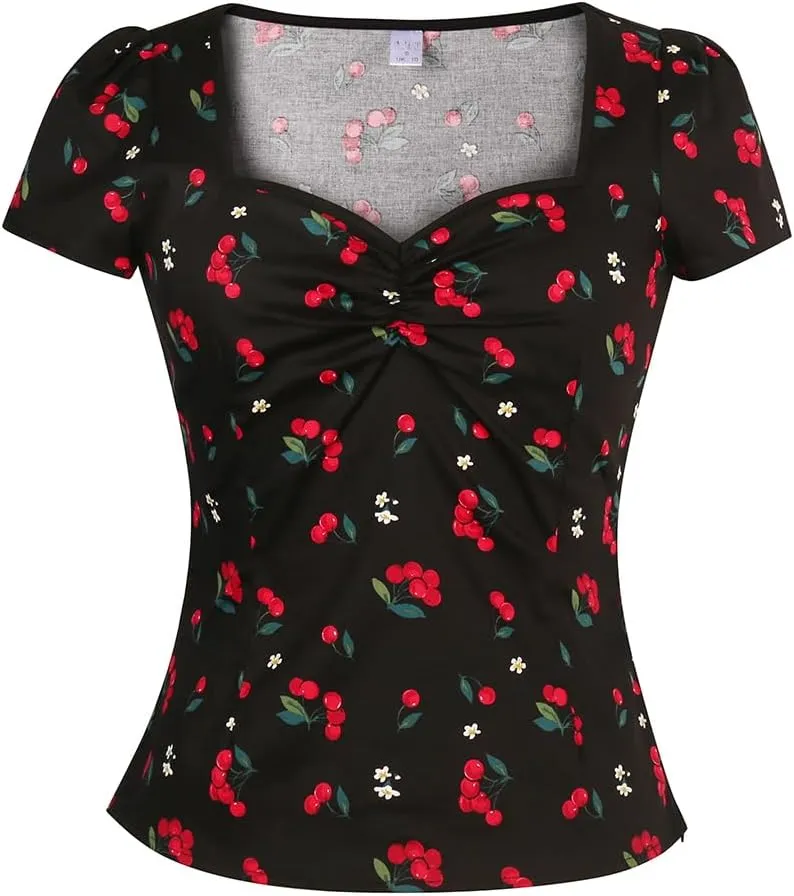YARN & INK Women's Rockabilly Tops, 1950s Pinup Vintage Blouse Square Neck Slim Fit Shirt Classic Elegant for Women Girls