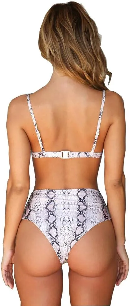 YAUASOPA Women Snakeskin Grain Printed Triangle High Waisted Two Piece Luminous Micro Thong Bathing Suit Push Up Bikini