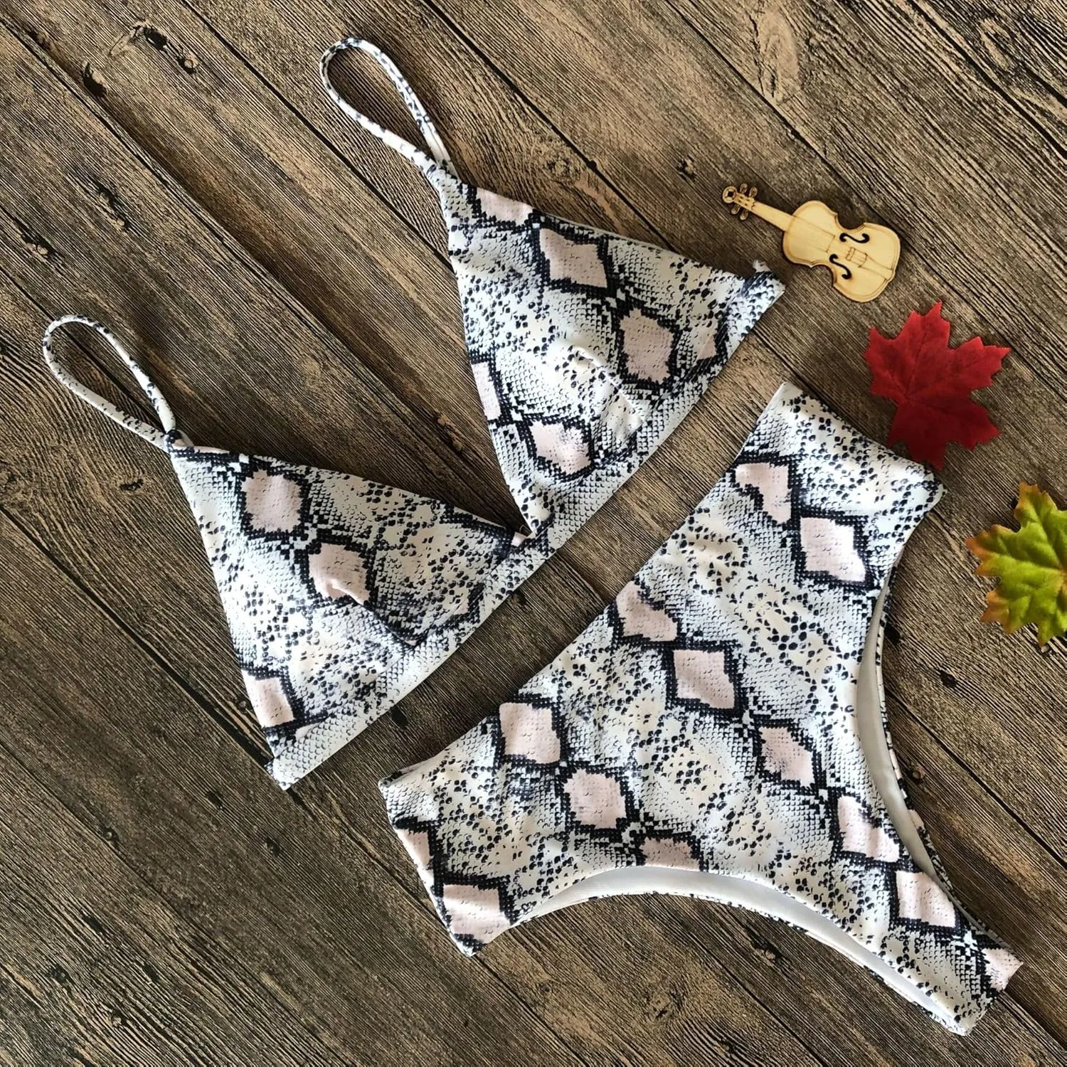 YAUASOPA Women Snakeskin Grain Printed Triangle High Waisted Two Piece Luminous Micro Thong Bathing Suit Push Up Bikini