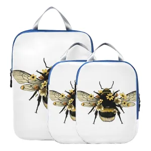 Yellow Fluffy Humblebee with Wings with Yellow Flowers 3 Piece set Cubes Expandable Adjustable Luggage Packing Bags, Ultralight Organizer Accessories Travel Suitcase Compressible Bags