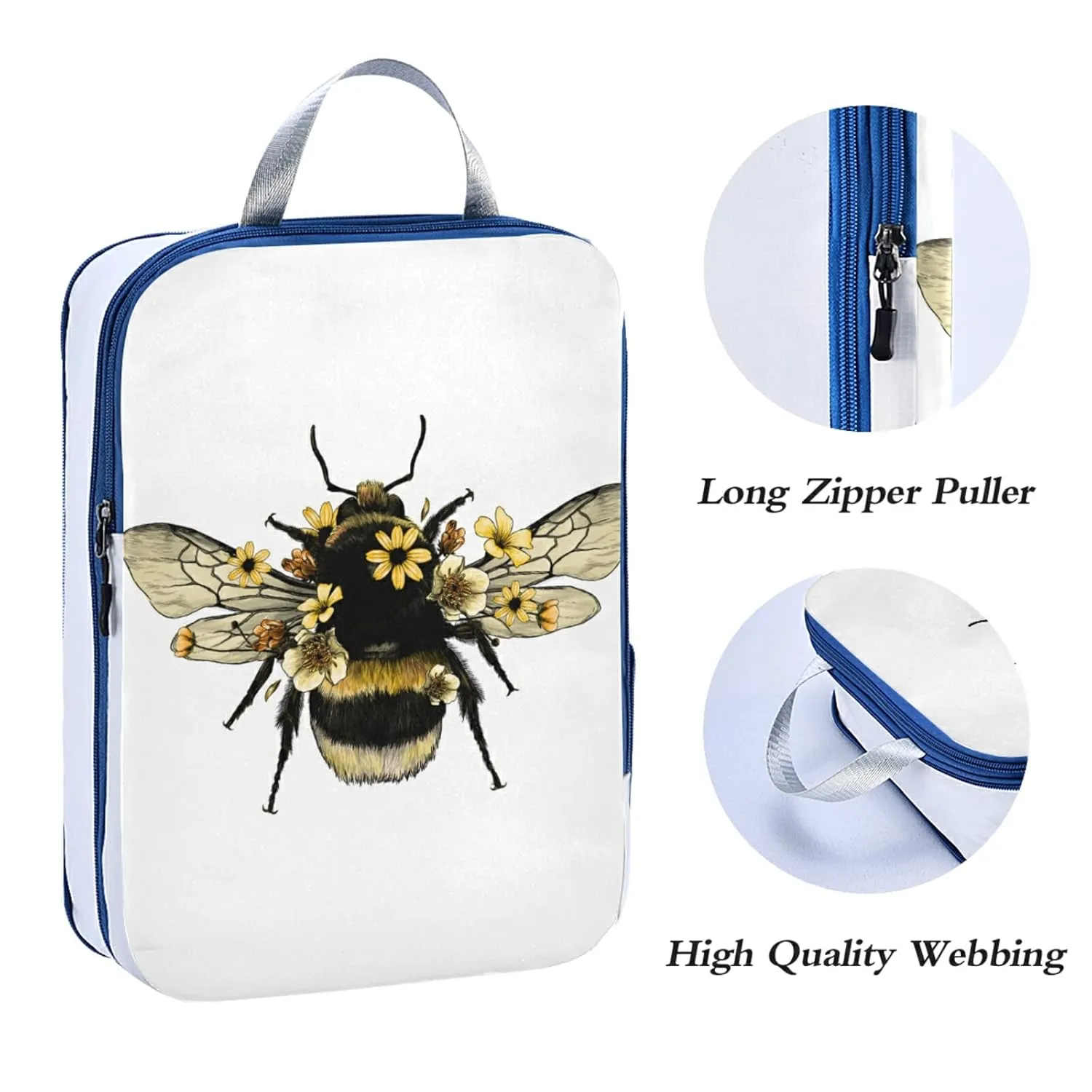 Yellow Fluffy Humblebee with Wings with Yellow Flowers 3 Piece set Cubes Expandable Adjustable Luggage Packing Bags, Ultralight Organizer Accessories Travel Suitcase Compressible Bags
