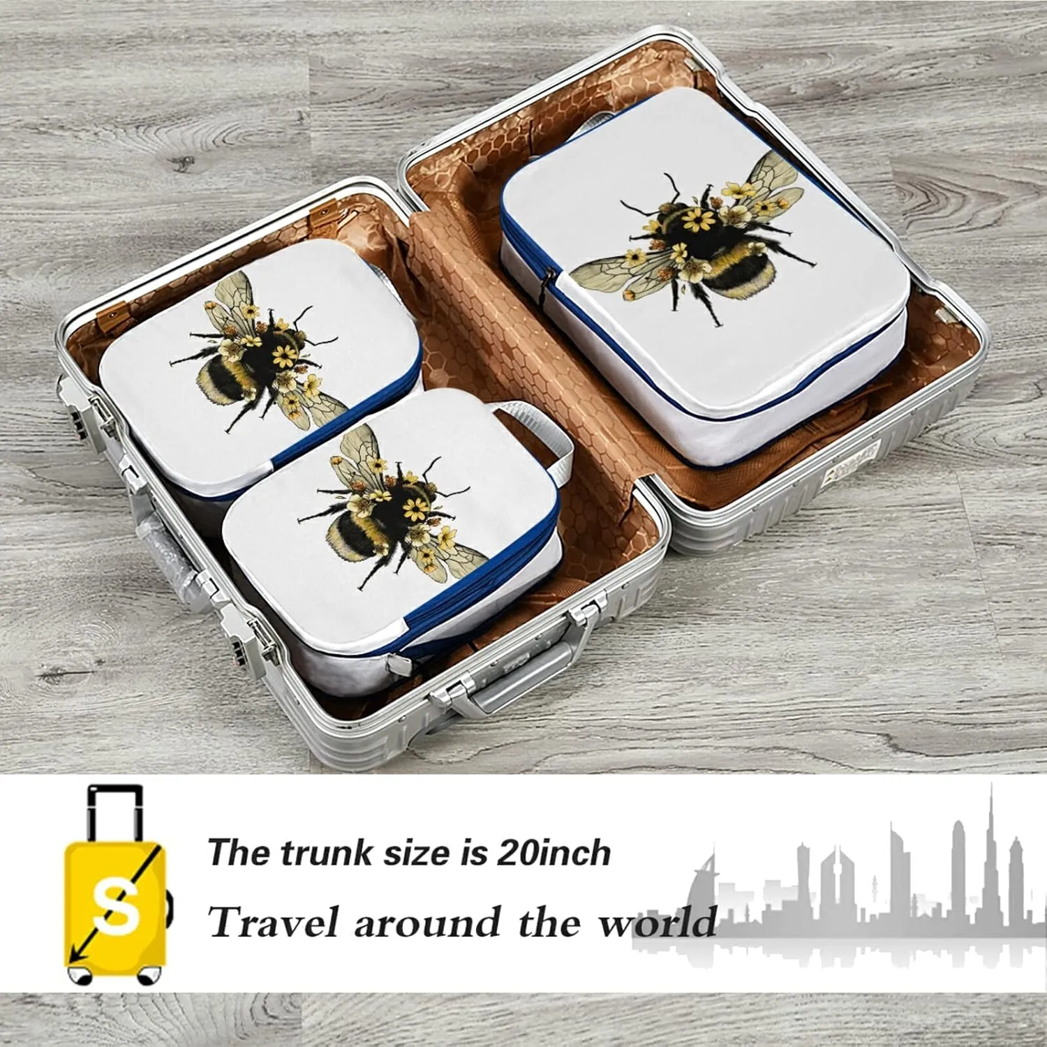 Yellow Fluffy Humblebee with Wings with Yellow Flowers 3 Piece set Cubes Expandable Adjustable Luggage Packing Bags, Ultralight Organizer Accessories Travel Suitcase Compressible Bags