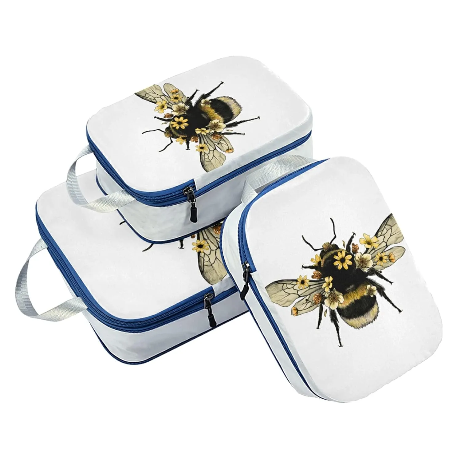Yellow Fluffy Humblebee with Wings with Yellow Flowers 3 Piece set Cubes Expandable Adjustable Luggage Packing Bags, Ultralight Organizer Accessories Travel Suitcase Compressible Bags