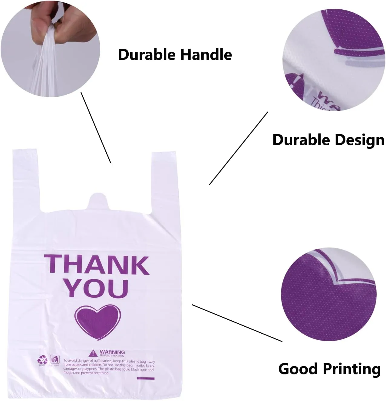 ysmile Thank You T Shirt Bag for Grocery Plastic Shopping Bag for Small Business Food To Go Bag with Handle 12x19 Inch 150 pcs - White