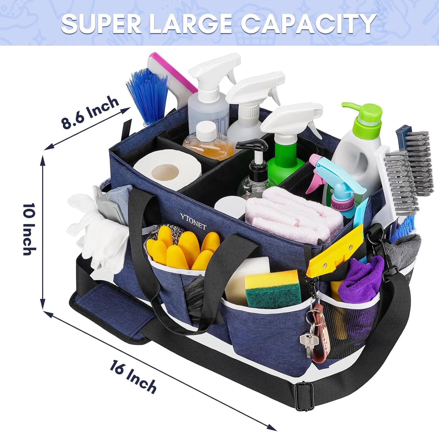 Ytonet Extra Large Cleaning Caddy Bag with 4 Foldable Dividers, Wearable Cleaning Caddy Organizer with Handle & Shoulder Strap & Waist Strap, Housekeeping Tote for Cleaners, Blue