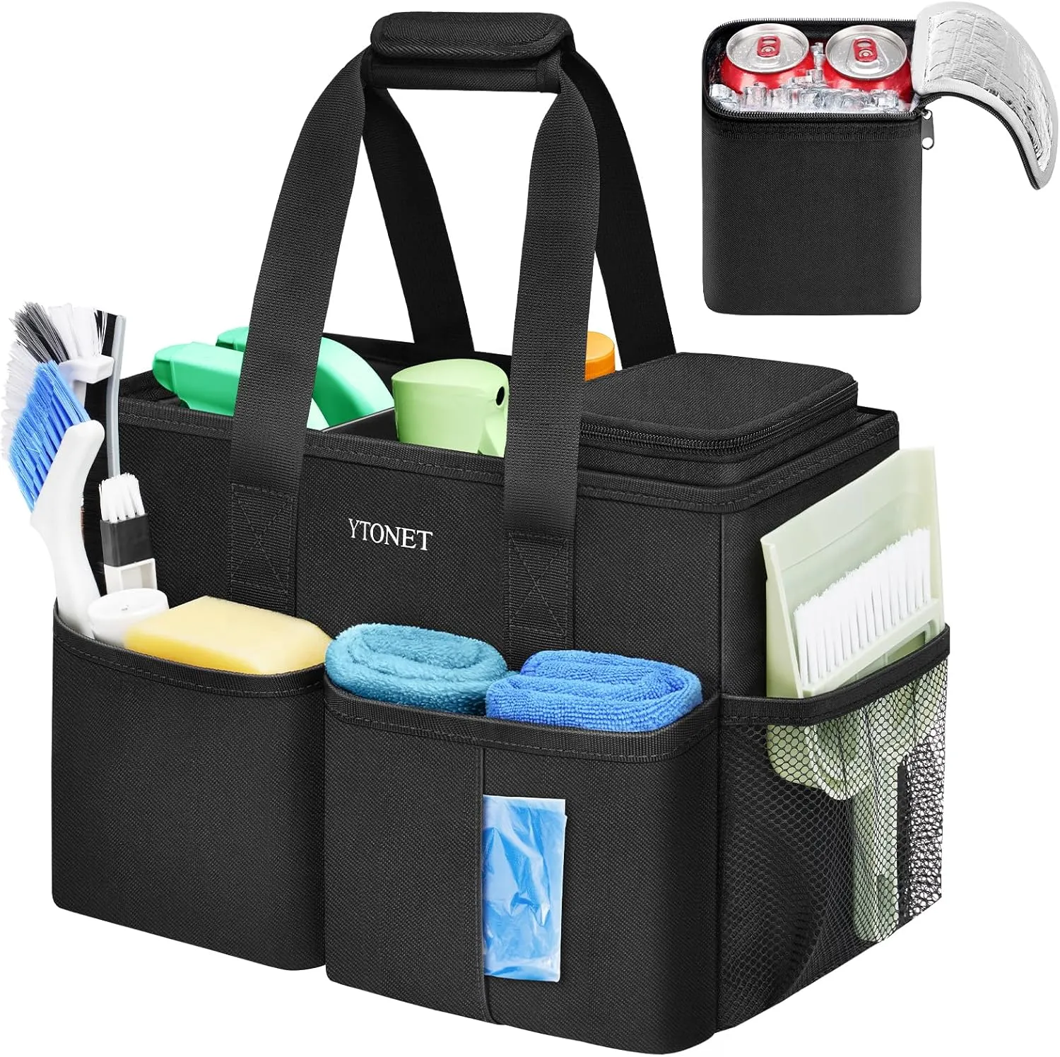 Ytonet Small Cleaning Caddy, Water Resistant Cleaning Supplies Organizer with Handle & Foldable Divider for Cleaners, Housekeeping Tote for Kitchen & Bathroom, Car Tool Caddy Organizer Bag, Black