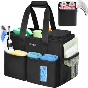 Ytonet Small Cleaning Caddy, Water Resistant Cleaning Supplies Organizer with Handle & Foldable Divider for Cleaners, Housekeeping Tote for Kitchen & Bathroom, Car Tool Caddy Organizer Bag, Black
