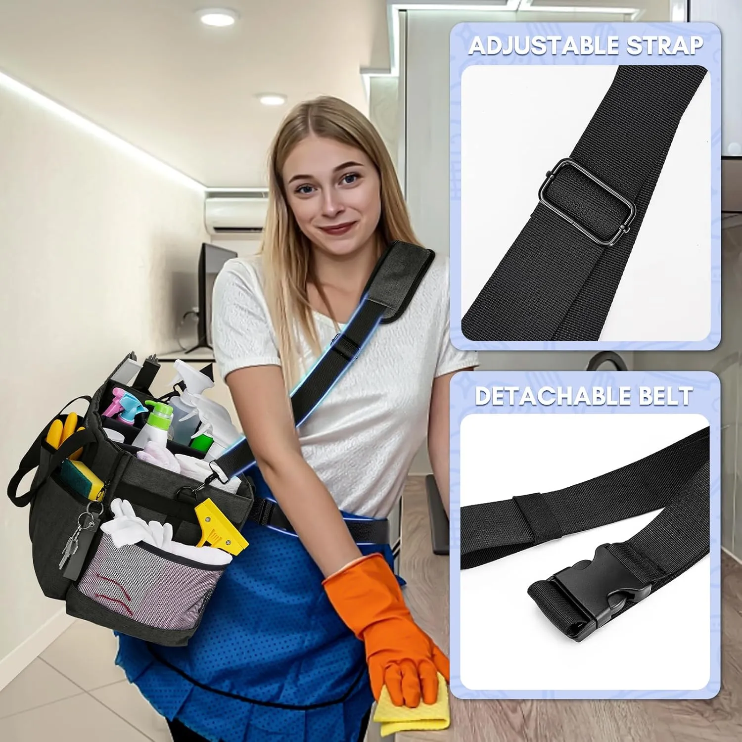 Ytonet Wearable Cleaning Caddy Bag, Large Cleaning Supplies Organizer with 4 Foldable Dividers, Caddy Organizer with Handle & Shoulder Strap & Waist Strap for Cleaners & Housekeepers, Black Grey