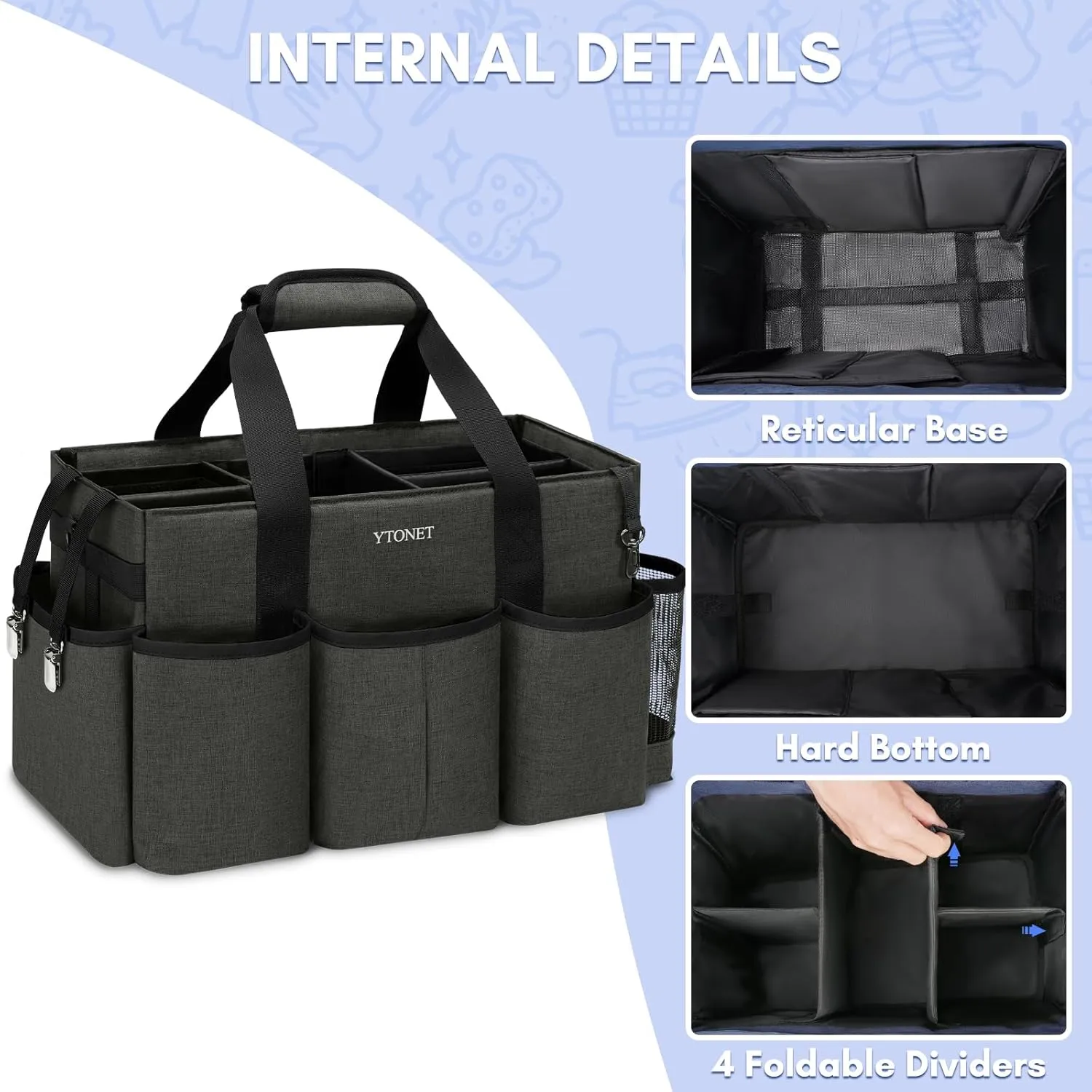Ytonet Wearable Cleaning Caddy Bag, Large Cleaning Supplies Organizer with 4 Foldable Dividers, Caddy Organizer with Handle & Shoulder Strap & Waist Strap for Cleaners & Housekeepers, Black Grey