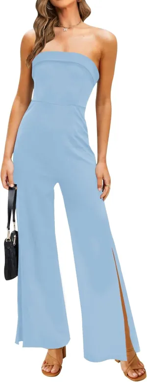 ZESICA Women's Strapless Jumpsuit Casual Off Shoulder High Waist Wide Leg Side Slit Long Romper Playsuits with Pockets
