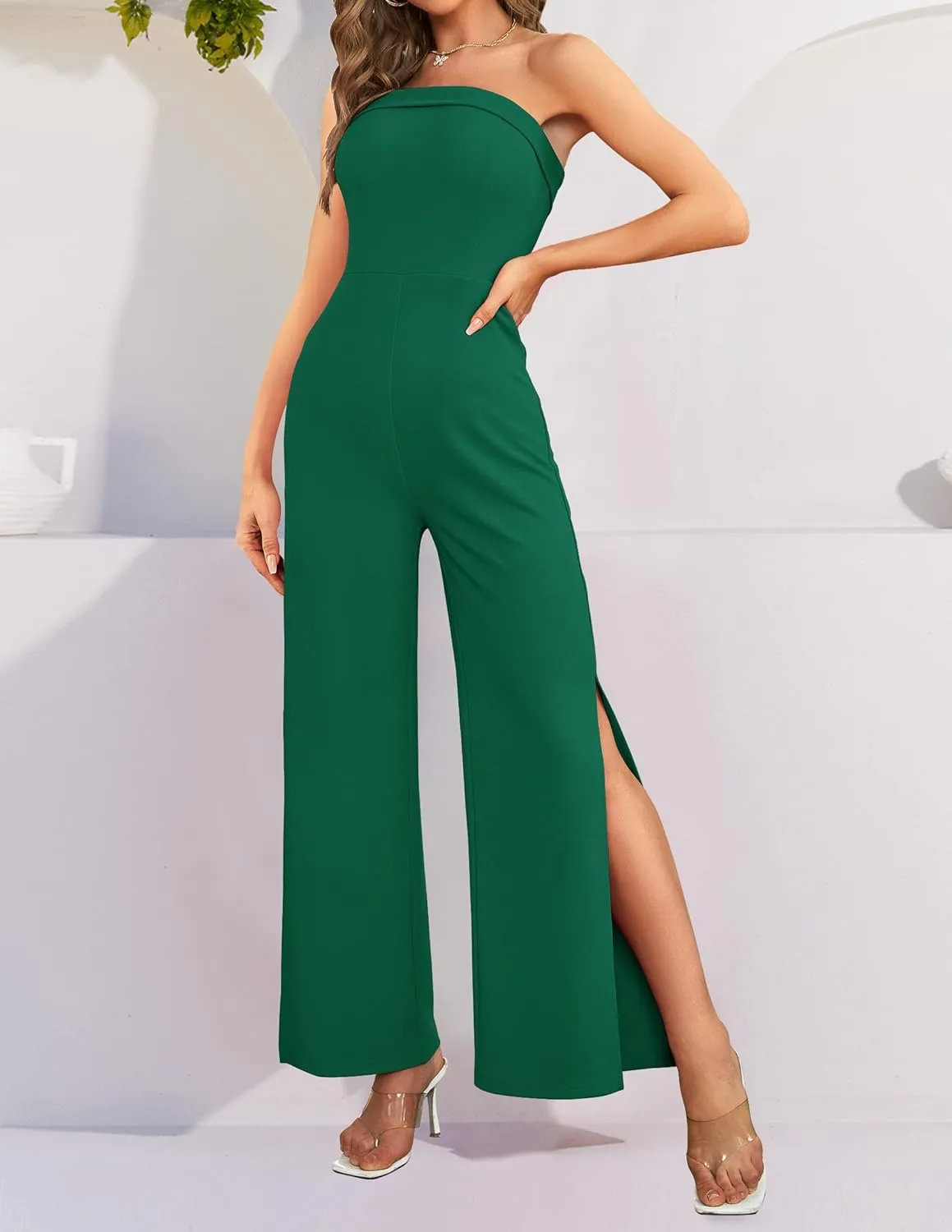ZESICA Women's Strapless Jumpsuit Casual Off Shoulder High Waist Wide Leg Side Slit Long Romper Playsuits with Pockets