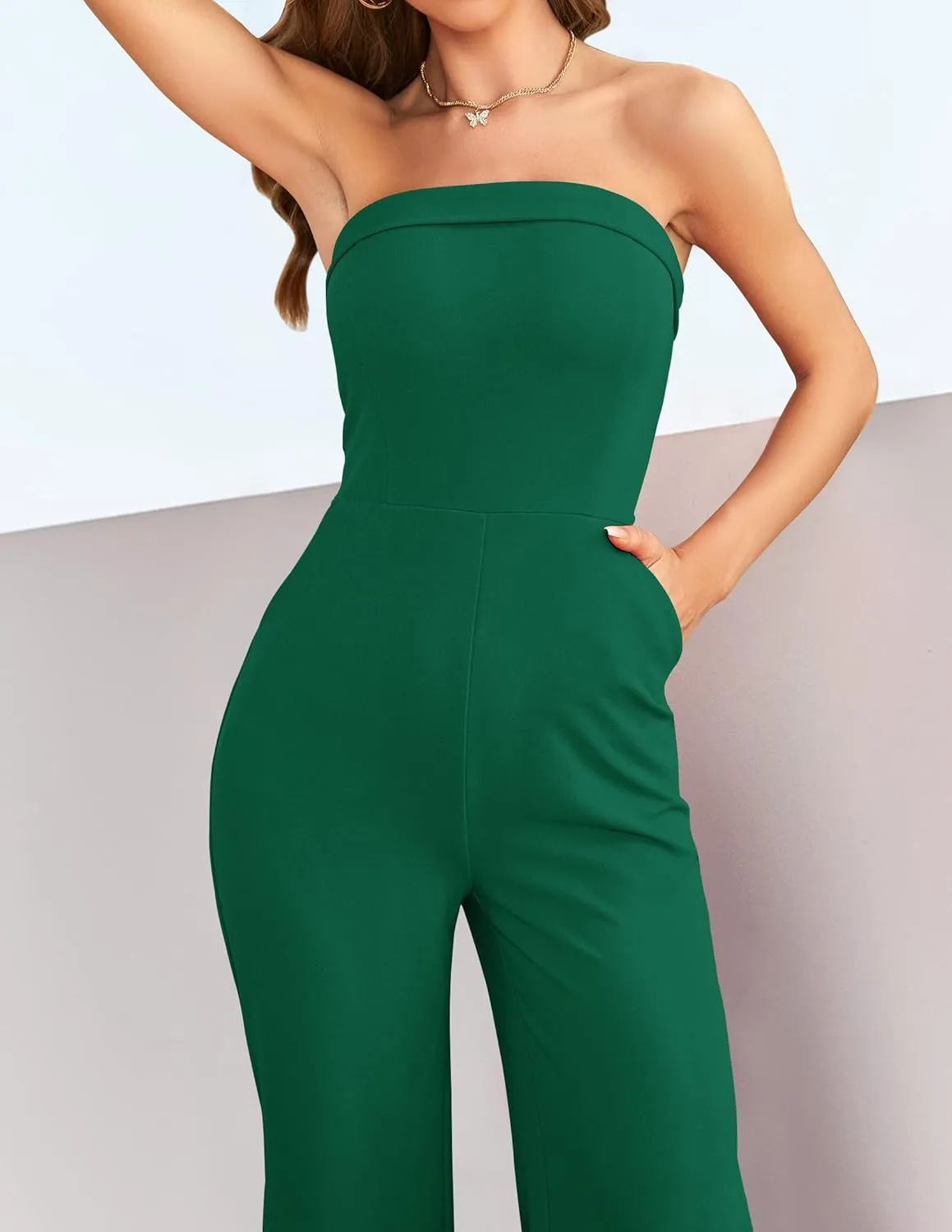 ZESICA Women's Strapless Jumpsuit Casual Off Shoulder High Waist Wide Leg Side Slit Long Romper Playsuits with Pockets