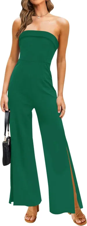 ZESICA Women's Strapless Jumpsuit Casual Off Shoulder High Waist Wide Leg Side Slit Long Romper Playsuits with Pockets
