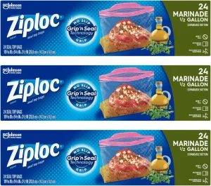 Ziploc Half Gallon Marinade Food Storage Bags for Meal Prep, Grip 'n Seal Technology for Easier Grip, Open, and Close, 24 Count, Pack of 3 (72 total Bags)