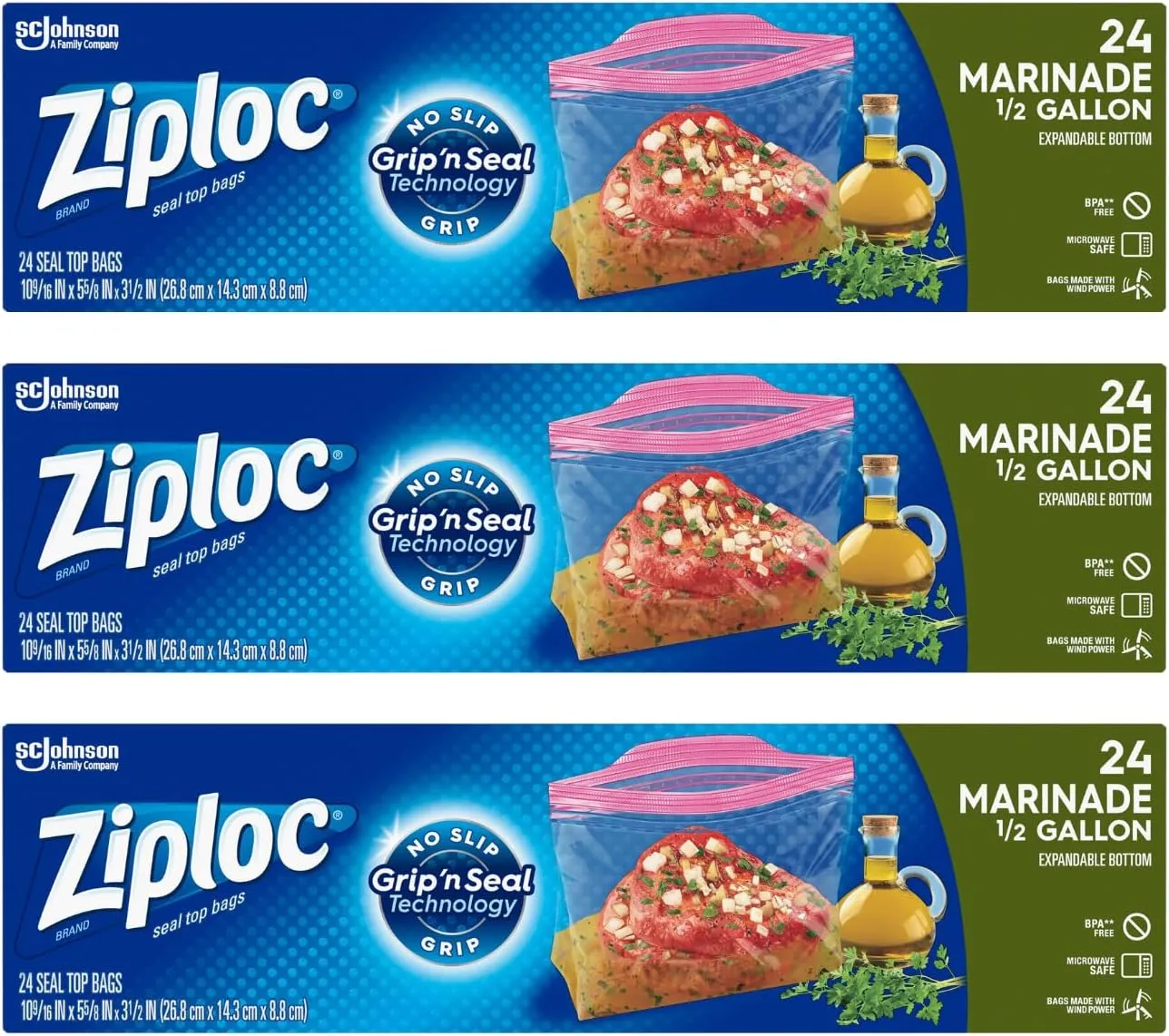 Ziploc Half Gallon Marinade Food Storage Bags for Meal Prep, Grip 'n Seal Technology for Easier Grip, Open, and Close, 24 Count, Pack of 3 (72 total Bags)