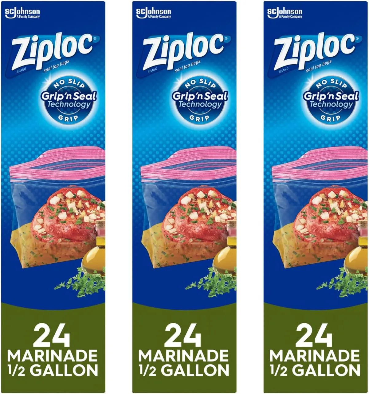 Ziploc Half Gallon Marinade Food Storage Bags for Meal Prep, Grip 'n Seal Technology for Easier Grip, Open, and Close, 24 Count, Pack of 3 (72 total Bags)